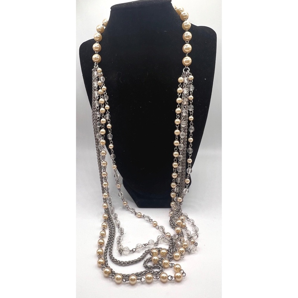 Vintage‎ Style 5 Strand Pearl Statement Necklace 31" Layered Silver Tone